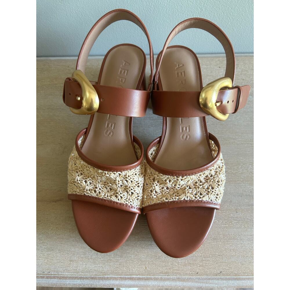 Aerosoles Women’s Woven Platform Sandals – Brown Leather, Gold Buckle, Size 9, - Picture 3 of 11